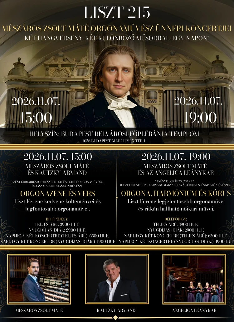 Liszt 215: Ünnepi orgonahangverseny Mészáros Zsolt Mátéval, Kautzky Armanddal és az Angelica Leánykarral